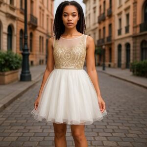 Dancing Queen White Gold Embellished Lace Net Tulle Ruffle Min Wedding Gown